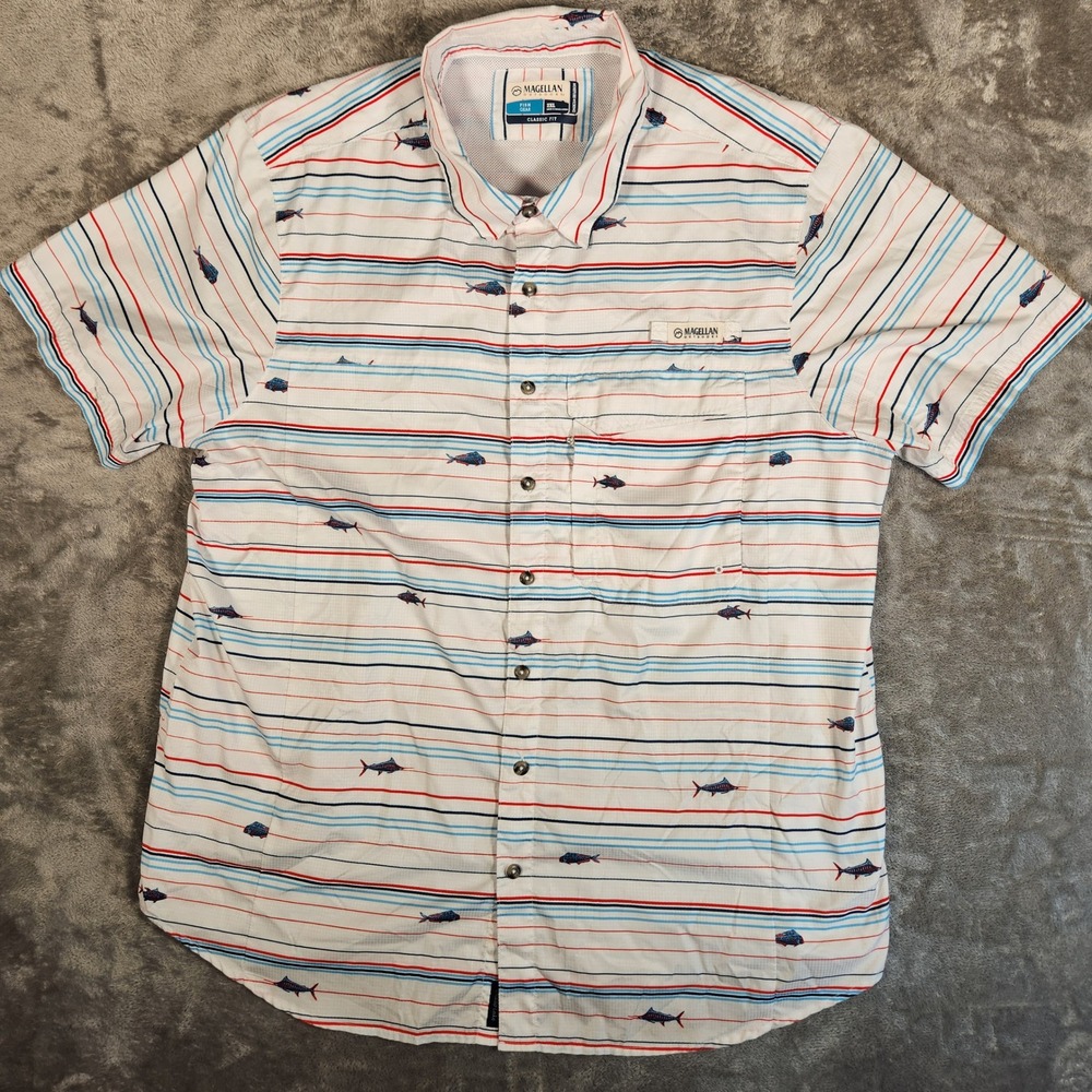 Magellan Outdoors Shirt Mens 2XL Fish Gear Classic Fit White Striped EUC